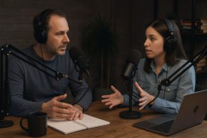 Podcasterin und Podcaster im Dialog (KI-generiert durch sora.chatgpt.com)